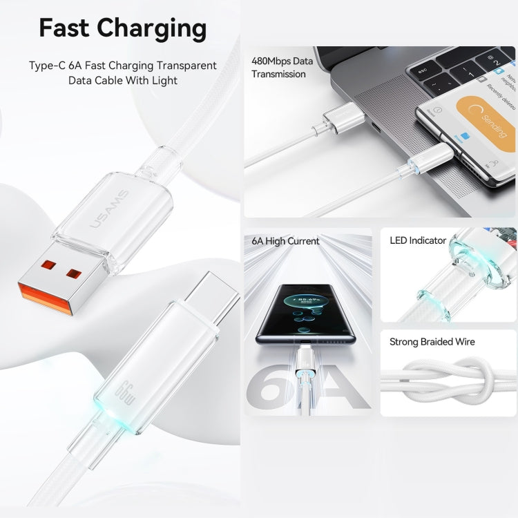 USAMS USB To Type-C 6A Aluminum Alloy Clear LED Fast Charge Data Cable, Length: 1.2m(White)