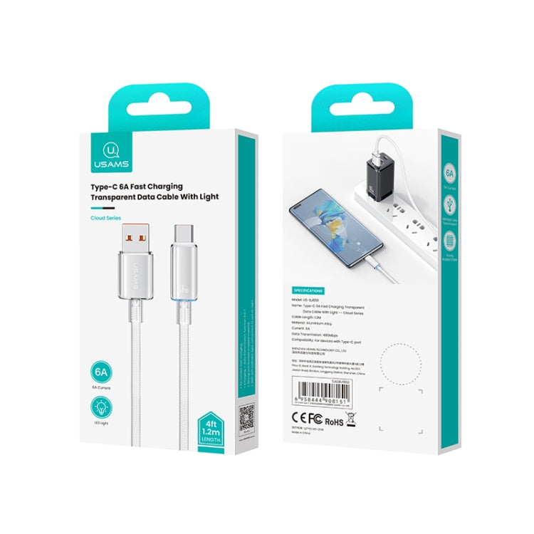 USAMS USB To Type-C 6A Aluminum Alloy Clear LED Fast Charge Data Cable, Length: 1.2m(Black)