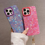 For iPhone 14 Shell Texture Crossbody Pearl Chain TPU Hybrid Acrylic Phone Case(Purple)