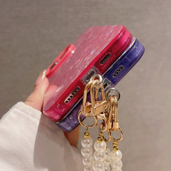 For iPhone 14 Shell Texture Crossbody Pearl Chain TPU Hybrid Acrylic Phone Case(Purple)