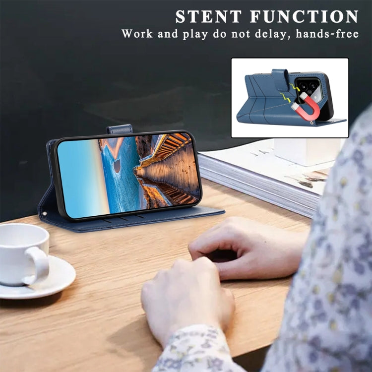 For Xiaomi 14 PU Genuine Leather Texture Embossed Line Phone Case(Blue)