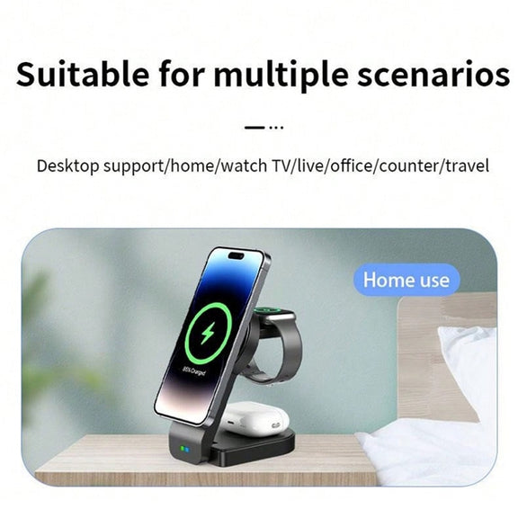 B-23 3 in 1 Foldable Magnetic Wireless Charger Phone Holder, Plug:AU Plug(Black)
