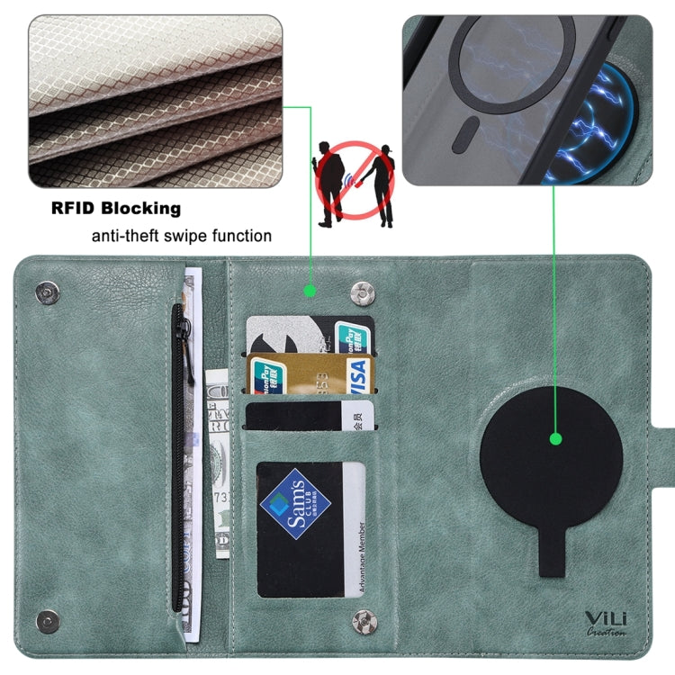 For iPhone 15 Pro ViLi GV Series MagSafe Magnetic Zipper Leather Phone Case(Green)