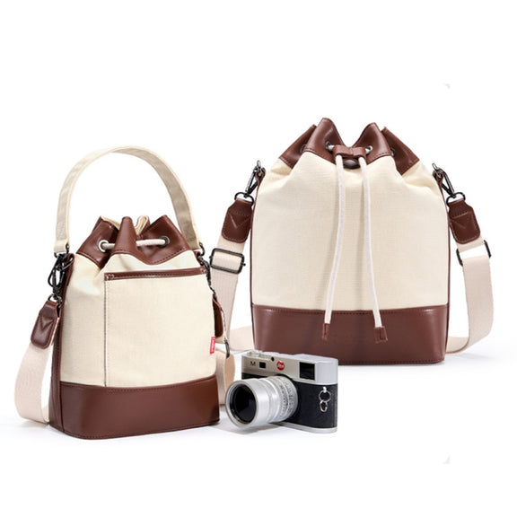 Cwatcun D100 Canvas PU Water-resistant Bundle Drawstring Lens Bag Crossbody Camera Bag, Size:22 x 12 x 31cm(Beige)