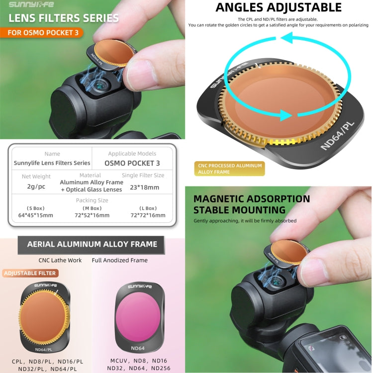 For DJI OSMO Pocket 3 Sunnylife Camera Lens Magnetic Metal Filter, Filter:ND8PL