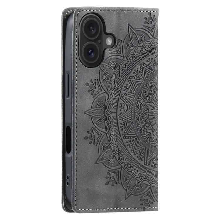 For iPhone 16 Plus Totem Embossed Magnetic Leather Phone Case(Grey)