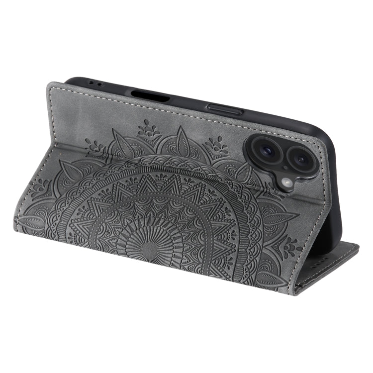 For iPhone 16 Plus Totem Embossed Magnetic Leather Phone Case(Grey)