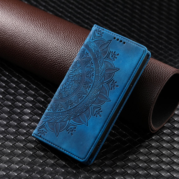 For iPhone 16 Totem Embossed Magnetic Leather Phone Case(Blue)
