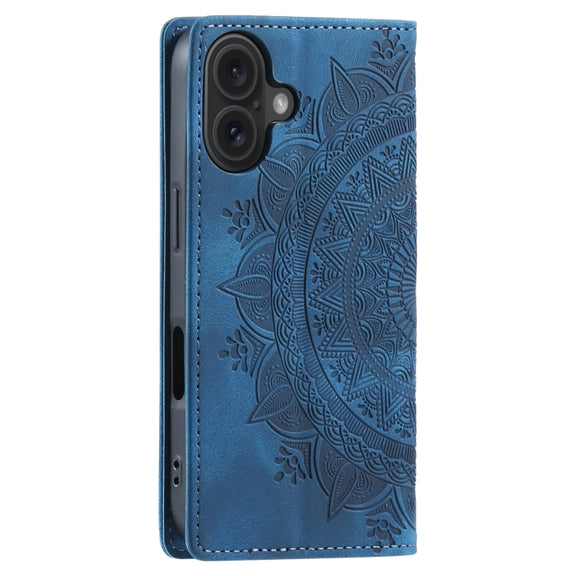 For iPhone 16 Totem Embossed Magnetic Leather Phone Case(Blue)