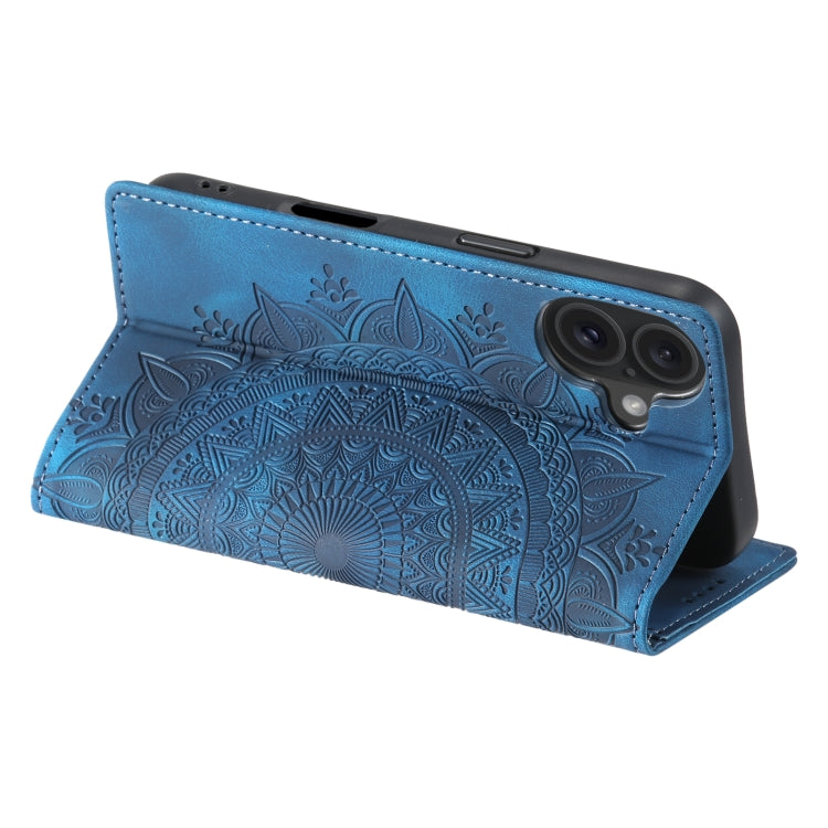 For iPhone 16 Totem Embossed Magnetic Leather Phone Case(Blue)