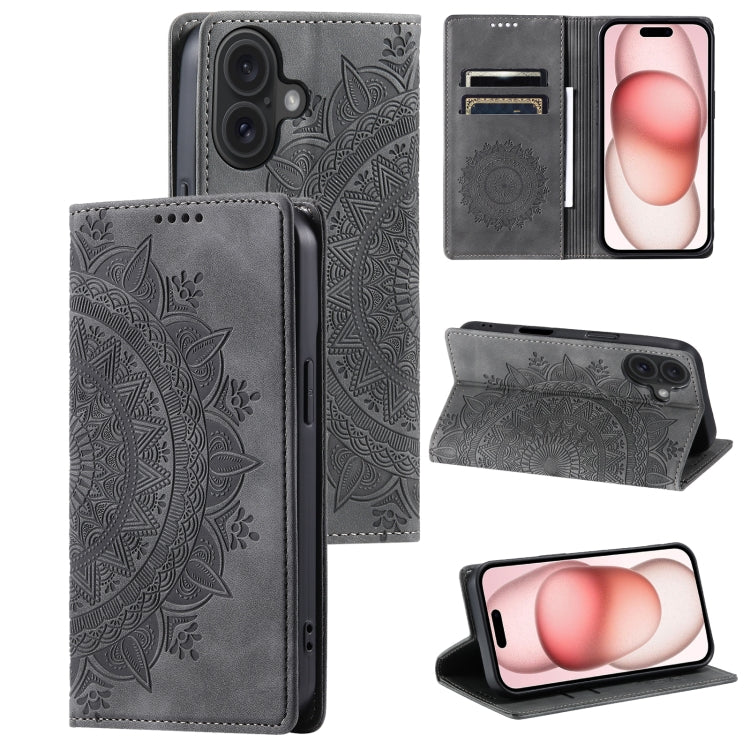 For iPhone 16 Totem Embossed Magnetic Leather Phone Case(Grey)
