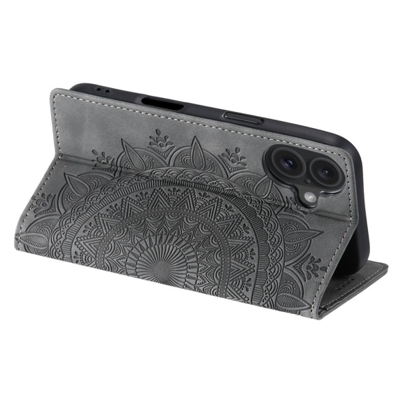 For iPhone 16 Totem Embossed Magnetic Leather Phone Case(Grey)