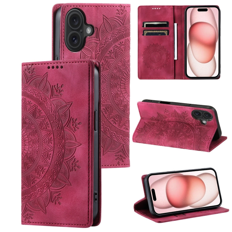 For iPhone 16 Totem Embossed Magnetic Leather Phone Case(Red)