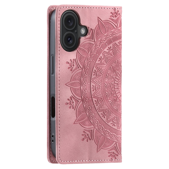 For iPhone 16 Totem Embossed Magnetic Leather Phone Case(Rose Gold)