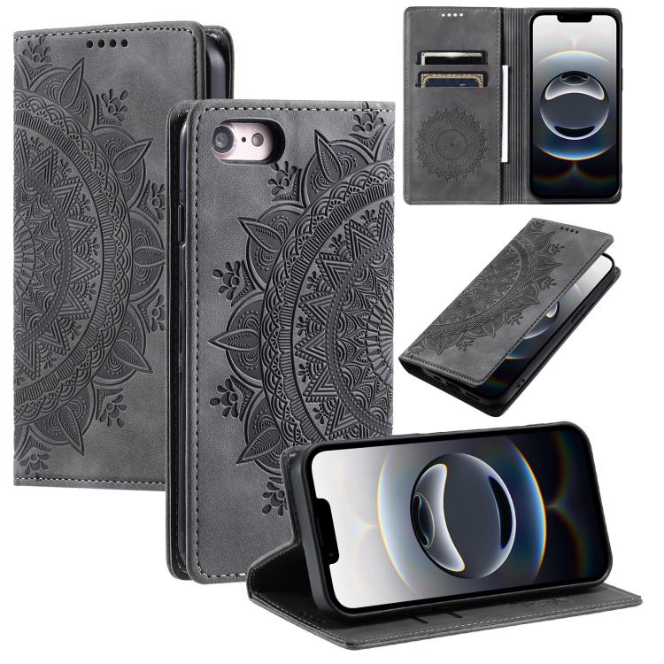 For iPhone 16e Totem Embossed Magnetic Leather Phone Case(Grey)