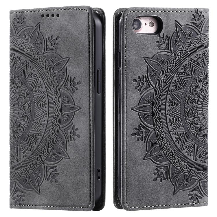 For iPhone 16e Totem Embossed Magnetic Leather Phone Case(Grey)