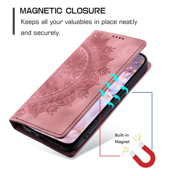 For iPhone 16e Totem Embossed Magnetic Leather Phone Case(Rose Gold)