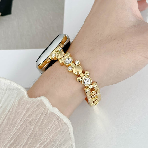 For Apple Watch Series 2 42mm Metal Diamond Bear Chain Watch Band(Gold)