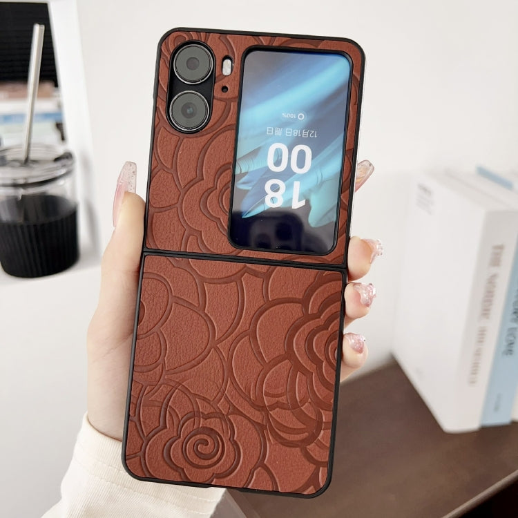 For OPPO Find N2 Flip Impression Flower Pattern Protective Phone Case(Brown)