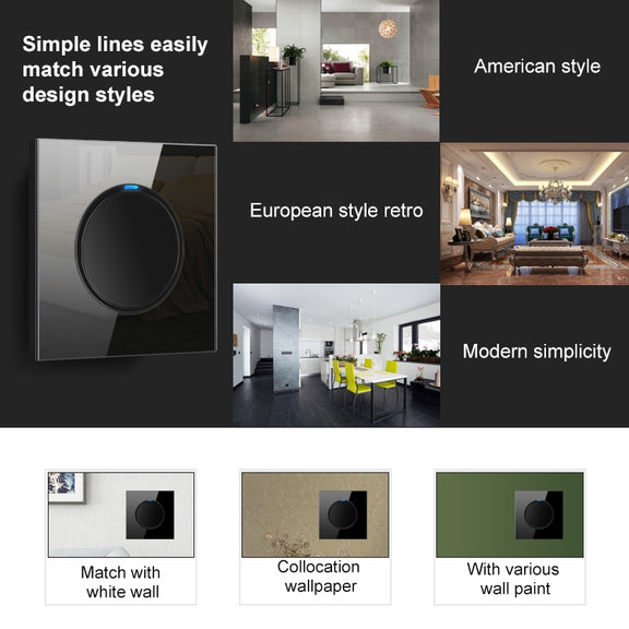 86mm Round LED Tempered Glass Switch Panel, Black Round Glass, Style:Dual Computer Socket