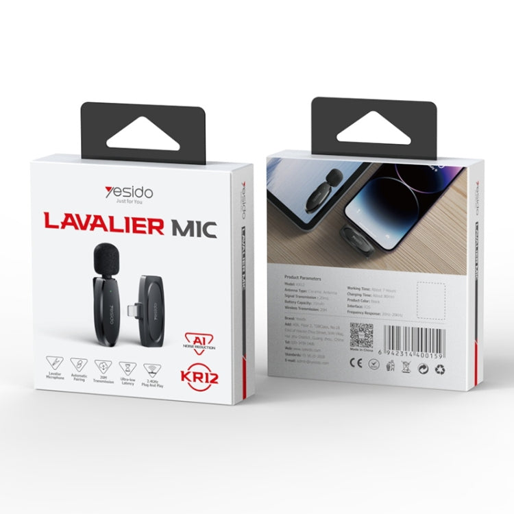 YESIDO KR12 Low-latency Wireless Lavalier Microphone with 8 Pin Receiver(Black)