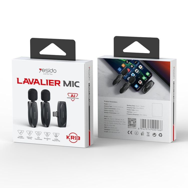 YESIDO KR13 Dual Low-latency Wireless Lavalier Microphone with Type-C Receiver(Black)