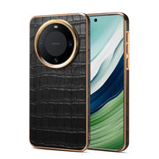 For Huawei Mate 60 Denior Crocodile Texture Genuine Leather Electroplating Phone Case(Black)