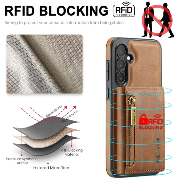 For Samsung Galaxy S24+ 5G DG.MING M5 Series Zip RFID Multi Card Detachable Leather Phone Case(Brown)