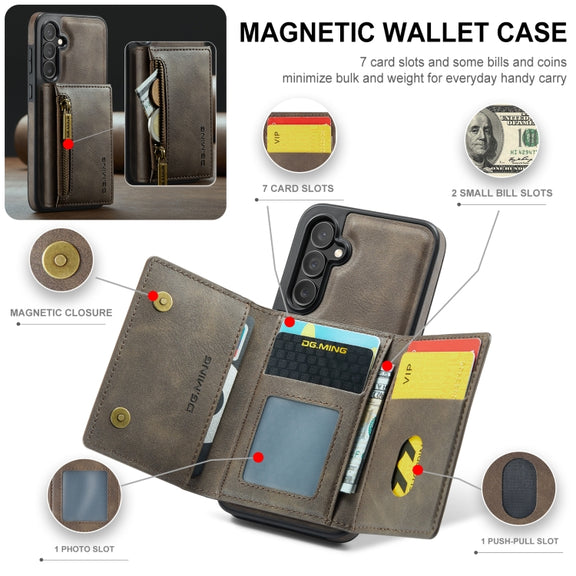 For Samsung Galaxy S24+ 5G DG.MING M5 Series Zip RFID Multi Card Detachable Leather Phone Case(Coffee)