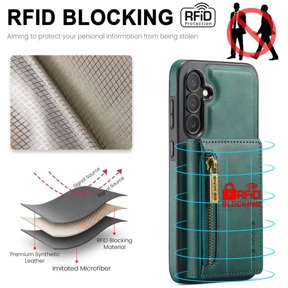 For Samsung Galaxy S24 FE 5G DG.MING M5 Series Zip RFID Multi Card Detachable Leather Phone Case(Green)