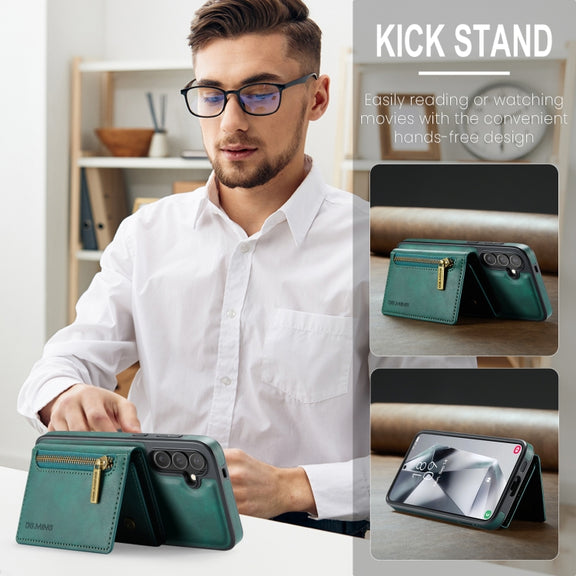 For Samsung Galaxy S24 FE 5G DG.MING M5 Series Zip RFID Multi Card Detachable Leather Phone Case(Green)