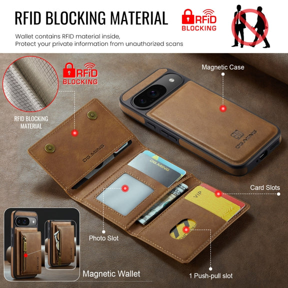 For Google Pixel 9 / 9 Pro DG.MING M5 Series Zip RFID Multi Card Detachable Leather Phone Case(Brown)