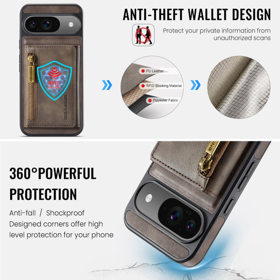 For Google Pixel 9 / 9 Pro DG.MING M5 Series Zip RFID Multi Card Detachable Leather Phone Case(Coffee)