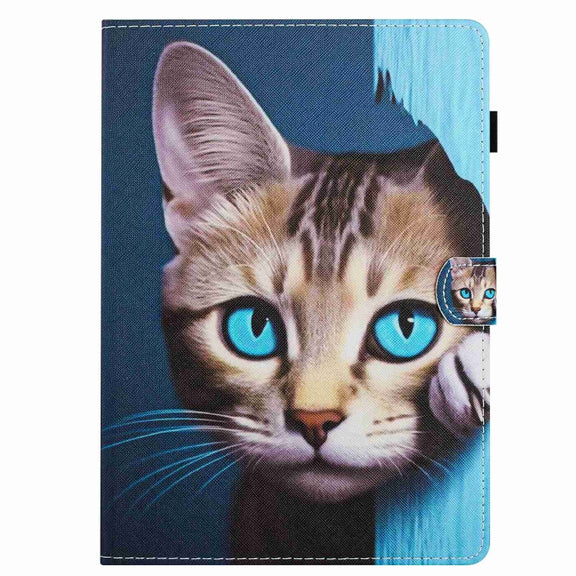 For 10 inch Painted Pattern Stitching Leather Tablet Case(Blue Cat)