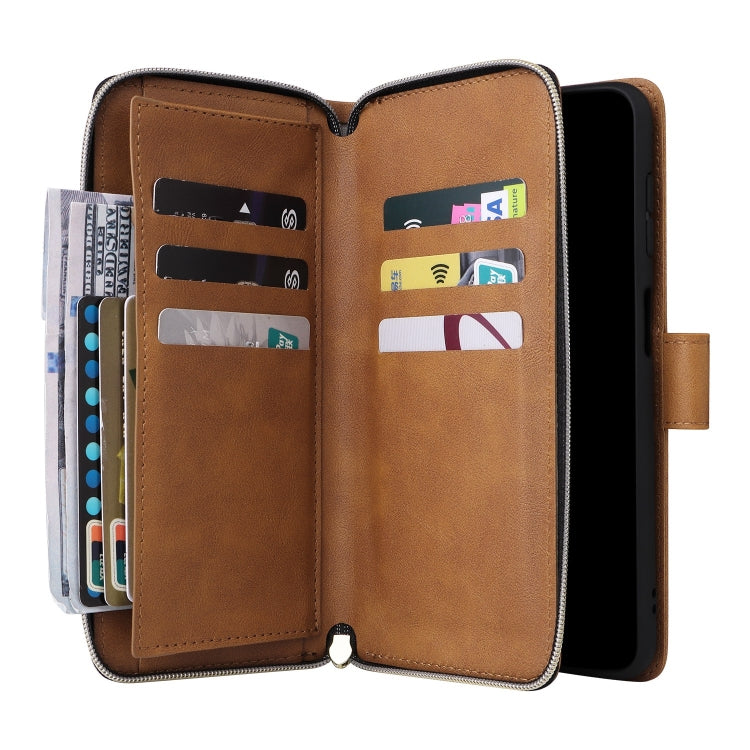 For Samsung Galaxy S24 FE 5G 9-Card Slots Zipper Wallet Bag Leather Phone Case(Brown)