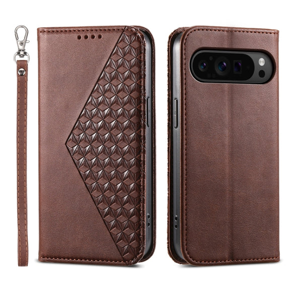 For Google Pixel 9 Pro Cubic Grid Calf Texture Magnetic Leather Phone Case(Brown)