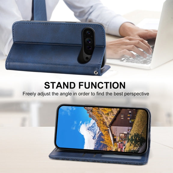For Google Pixel 9 Pro Cubic Grid Calf Texture Magnetic Leather Phone Case(Blue)