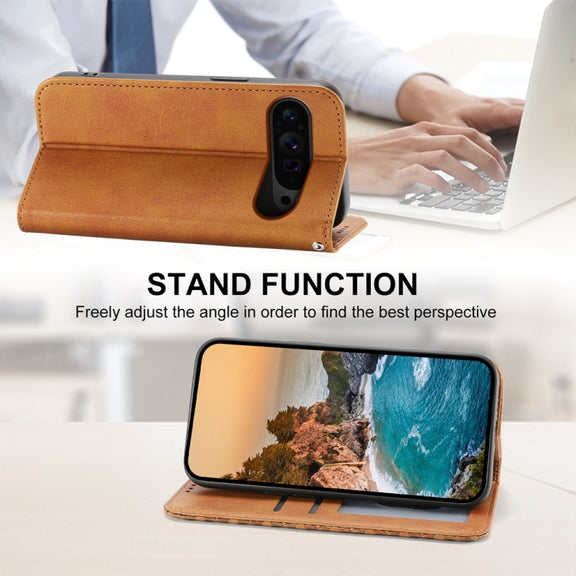 For Google Pixel 9 Pro Cubic Grid Calf Texture Magnetic Leather Phone Case(Yellow)