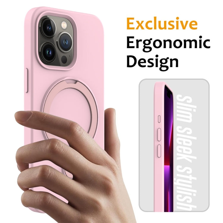 For iPhone 16 Pro Liquid Silicone MagSafe Magnetic Phone Case with Ring Holder(Grey Pink)