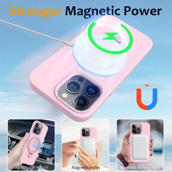For iPhone 16 Pro Liquid Silicone MagSafe Magnetic Phone Case with Ring Holder(Grey Pink)