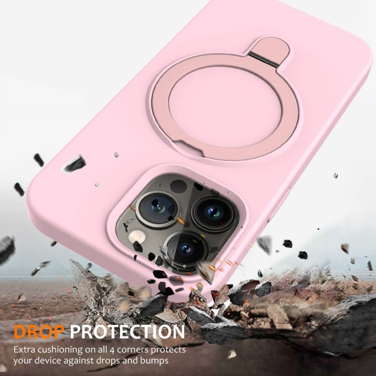 For iPhone 16 Pro Liquid Silicone MagSafe Magnetic Phone Case with Ring Holder(Grey Pink)
