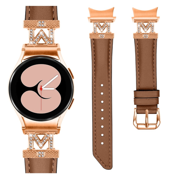 For Samsung Galaxy Watch6 / 6 Classic M Letter D-shaped Twill Leather Watch Band(Rose Gold Brown)