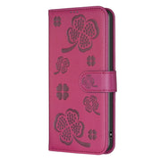 For iPhone 16 Pro Max Four-leaf Embossed Leather Phone Case(Rose Red)