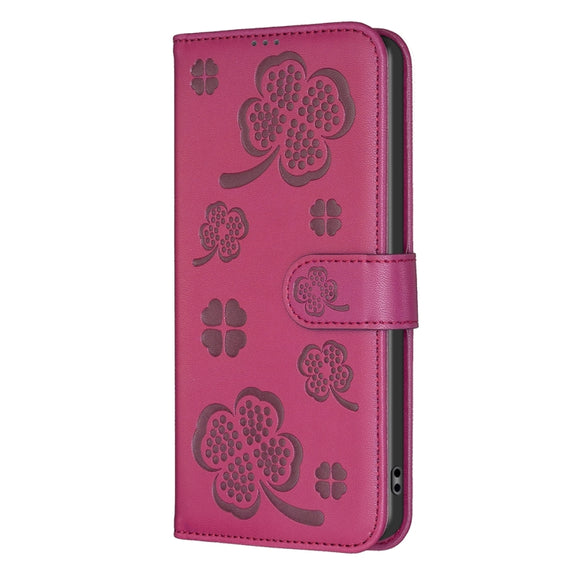 For iPhone 16 Pro Max Four-leaf Embossed Leather Phone Case(Rose Red)