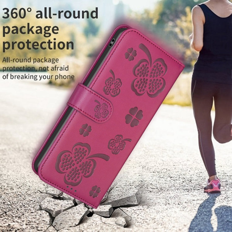 For iPhone 16 Pro Max Four-leaf Embossed Leather Phone Case(Rose Red)