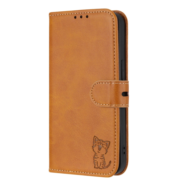 For Google Pixel 9 Pro Embossed Happy Cat Pattern Flip Leather Phone Case(Yellow)
