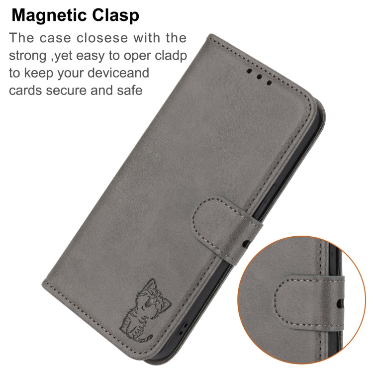 For Google Pixel 9 Pro Embossed Happy Cat Pattern Flip Leather Phone Case(Grey)