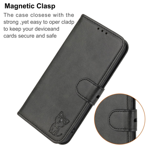 For Google Pixel 9 Pro Embossed Happy Cat Pattern Flip Leather Phone Case(Black)