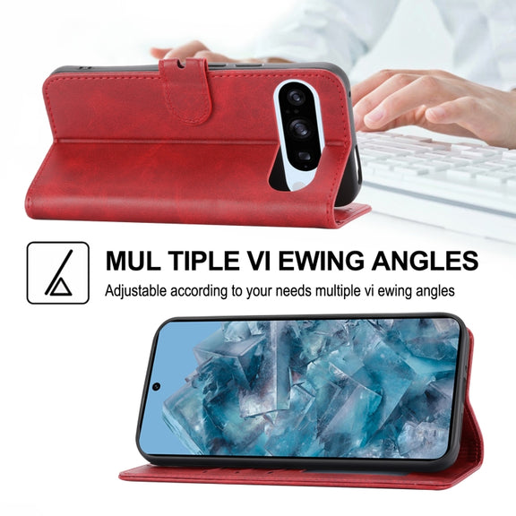 For Google Pixel 9 Embossed Happy Cat Pattern Flip Leather Phone Case(Red)