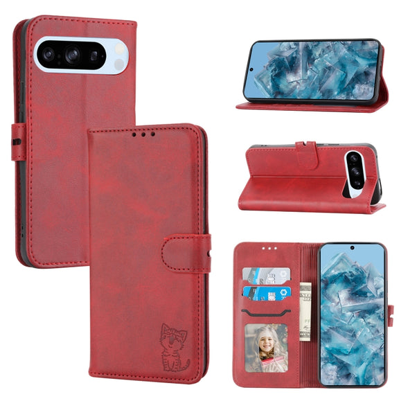 For Google Pixel 9 Embossed Happy Cat Pattern Flip Leather Phone Case(Red)